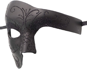 Dettaglio laterale della maschera in metallo nero opaco con decori glitterati