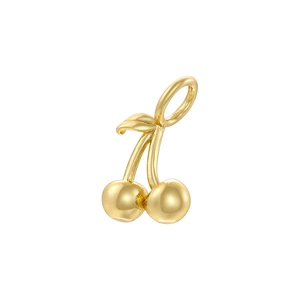 Close-up of golden cherry-shaped pendant with polished finish and delicate leaf detail