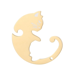 Detail of golden metal cat silhouette pendant with white enamel head and glossy finish