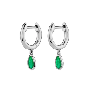 Elegant silver hoop earrings featuring pear-cut green zircon drops on a white background