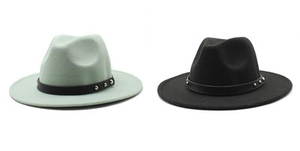 Detail of wide brim wool fedora hats with rivet leather bands in black and sage green