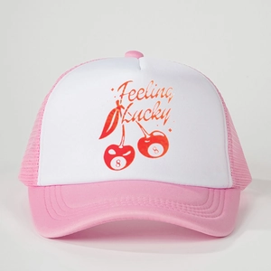Adjustable pink and white Feeling Lucky cherry 8 ball mesh trucker hat for outdoor sun protection