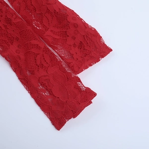 Close-up of intricate red lace fabric pattern and mesh texture on the bodycon dress