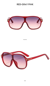 Front and side views of oversized red pilot sunglasses with purple gradient lenses