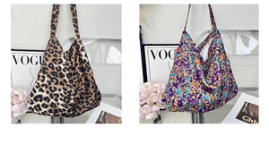 Detail view of large canvas tote bags in leopard print and vintage floral patterns
