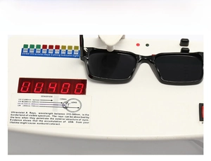 Detail of UV400 protection testing on black square frame retro sunglasses