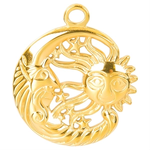 Macro detail of gold moon and sun pendant showing polished celestial metal textures