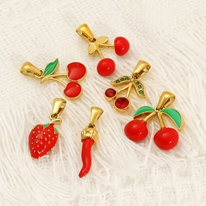 Fruit themed enamel pendants with red cherry, strawberry and chili shapes in gold