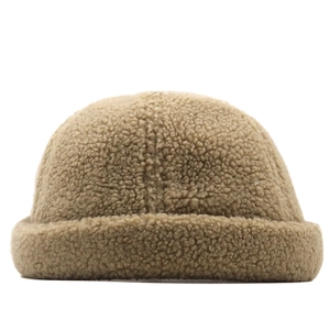 Autumn winter khaki sherpa docker cap with minimalist brimless design and warm fleece texture