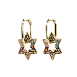 Boucles d'oreilles créoles dorées en U avec hexagrammes et zircons colorés