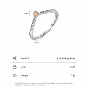 Bague en argent sterling S925 en forme de V ornée d'un zircon orange de taille poire