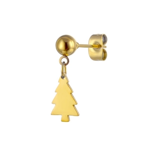 Golden stainless steel stud earrings featuring a minimalist ball and Christmas tree pendant