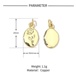Technical drawing showing a 20mm x 10mm gold rose oval pendant with weight and material specs