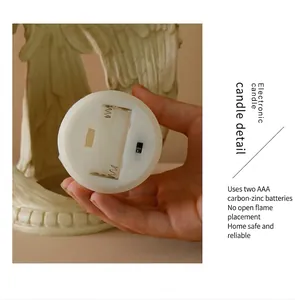 Macro detail of electronic candle bottom with battery compartment and angel base
