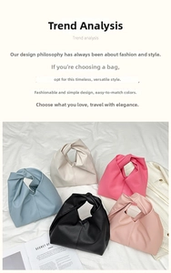 Detail view of various colored soft PU leather bags with knotted handle and pebble texture