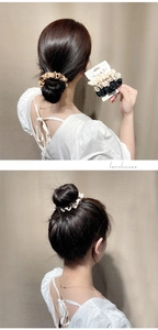 Detailed views of satin silk scrunchies in champagne and black on hair and packaging