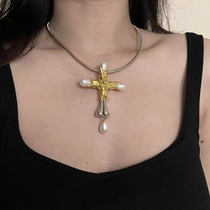 Vintage Baroque Cross Pendant Necklace Earrings Titanium Steel Two-Tone Faux Artificial Pearl Exaggerated Heavy Duty Jewelry Women