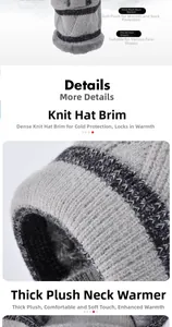 Macro shot of thick silver-gray fleece lining and knit texture of a winter warm hat set