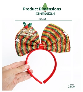 Dimensions détaillées du serre-tête de Noël avec un grand nœud en sequins et Feliz Navidad
