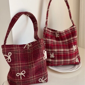 Vintage red plaid wool tote bag with white bow embroidery and top handle design