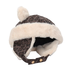 Winter leopard print trapper hat for children with ear flaps and plush pom-pom