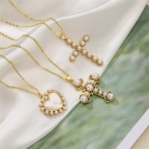 Elegant Heart Cross Pendant Necklace Copper Zircon Mother Of Artificial Pearl Clavicle Chain Women Jewelry
