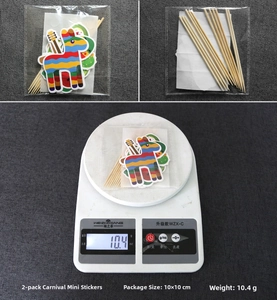 Detail of 12pcs Mexican Fiesta Pinata cake toppers with 10x10cm packaging and weight specs