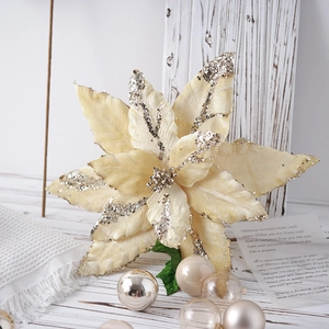 Large Artificial Poinsettia Christmas Tree Flowers Decor Glitter Velvet Fabric Sparkling Xmas Floral Arrangement Ornament