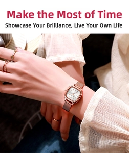 Close-up of elegant rose gold square watch with Milanese mesh strap on model's wrist