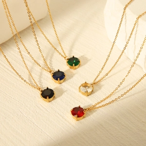 Gold stainless steel necklaces with round colorful crystal pendants in five vibrant shades