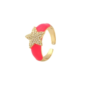 Golden open star ring with pink enamel band and sparkling cubic zirconia crystal inlay