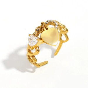 18K gold plated stainless steel open ring featuring a tassel heart with white zircon
