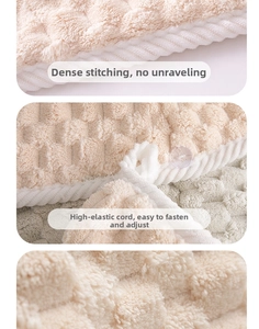 Close-up of cloud pattern coral fleece hair towel stitching and elastic button loop