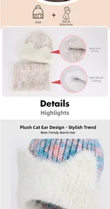 Detailed view of winter knitted beanie and neck gaiter set with plush lining and cat ears