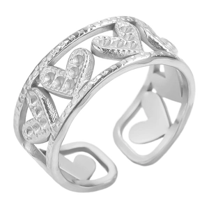 Detail of silver heart-shaped hollow ring band with delicate textured grain relief