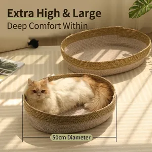 Letto ovale intrecciato per gatti beige e verde, cuccia traspirante per animali, diametro 50cm