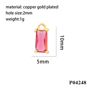 Detail of 18K gold-plated copper rectangular pink zircon charm with product dimensions