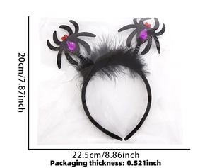 Detailed dimensions of the Halloween spider headband with purple feathers and sequins