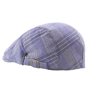 British style blue and white plaid beret with vintage metal buckle and classic texture