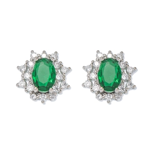 Close-up of elegant emerald halo stud earrings with brilliant white cubic zirconia accents