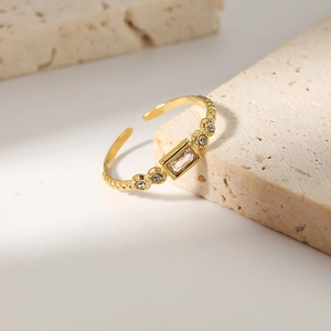 Elegant 18K gold plated stainless steel ring with rectangular zircon on stone