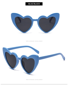Close-up of heart-shaped blue sunglasses with dark lenses from front and side view angles