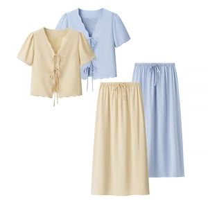 Women's 2-piece set with tie-front short sleeve top and elastic waist midi skirt