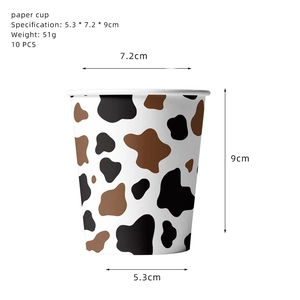 Cow print party paper cups in black and brown pattern, set of 10 pieces with dimensions