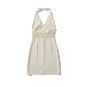 Chic halter neck backless mini dress with lace patchwork and ribbon tie in cream white