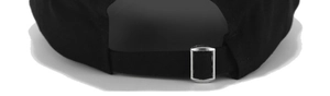 Detail of adjustable black baseball cap strap with polished silver metal buckle closure