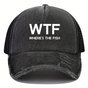Distressed dark gray trucker hat with WTF Where's The Fish print and mesh back