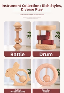 Detail of four handcrafted wooden baby rattles for sensory development and teething relief