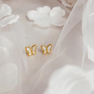 Elegant 18k gold plated titanium butterfly stud earrings with white mother of pearl inlay