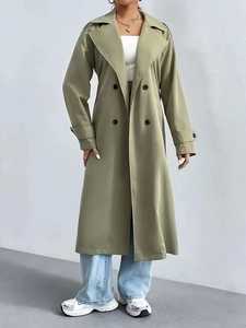 Elegant olive green double-breasted trench coat with lapels and belted sleeve cuffs